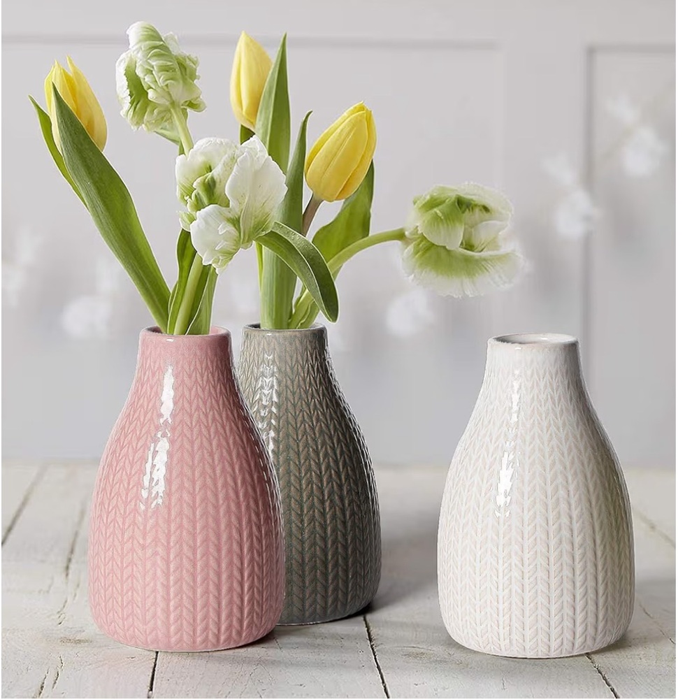 Set of 3 Decorative Ceramic Vases Pink Green White - Picture 3 of 4